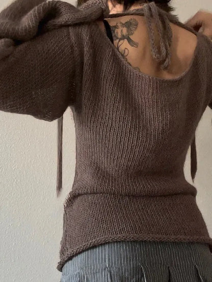 Vintage Open Back Bell Sleeve Loose Sweater