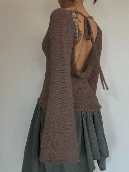 Vintage Open Back Bell Sleeve Loose Sweater
