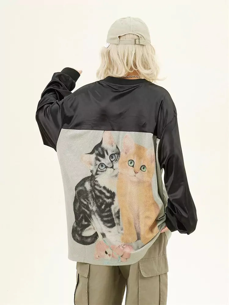 Vintage Oversized Langarmshirt mit Farbblockmuster und niedlichem Katzenmotiv