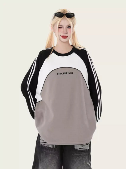 Vintage Oversized Color Block Raglan Crewneck Sweatshirt