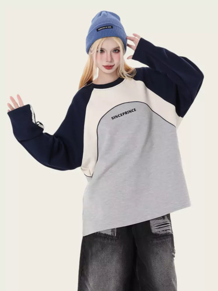 Vintage Oversized Color Block Raglan Crewneck Sweatshirt