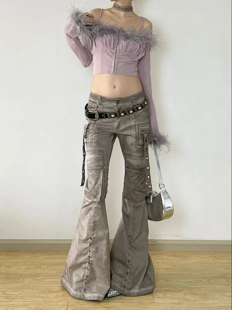 Vintage Patched Distressed Low Waist Flare Jeans