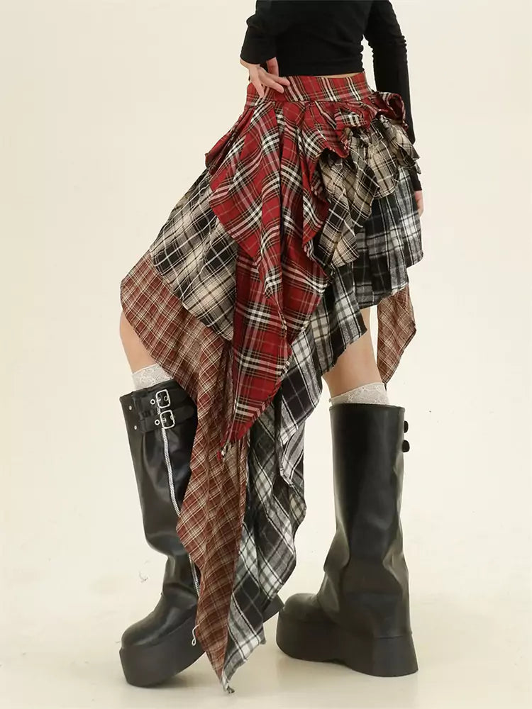 Vintage Plaid  Mini Skirt with Color Blocking and Asymmetrical Hem