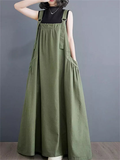 Vintage Plus Size Casual Cotton Linen Overall  Maxi Dress