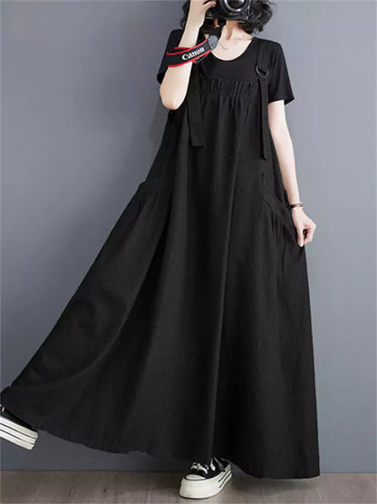 Vintage Plus Size Casual Cotton Linen Overall  Maxi Dress