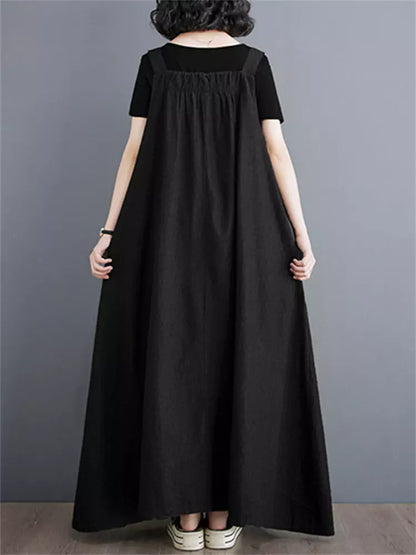 Vintage Plus Size Casual Cotton Linen Overall  Maxi Dress