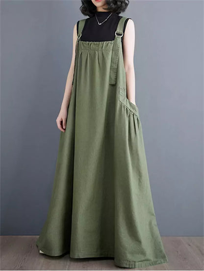 Vintage Plus Size Casual Cotton Linen Overall  Maxi Dress