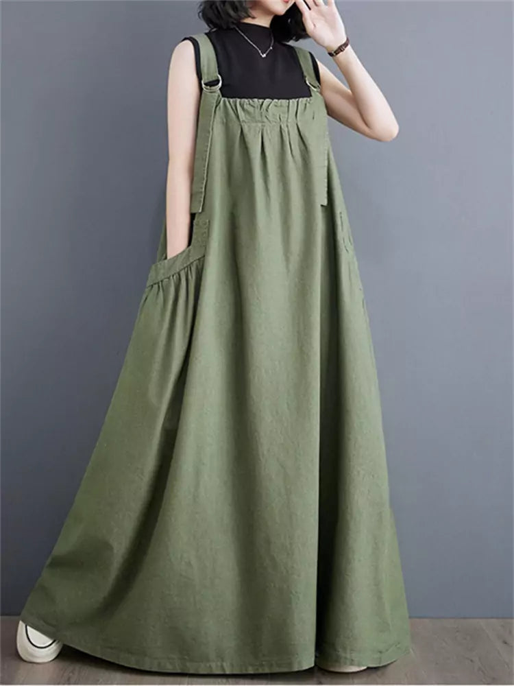 Vintage Plus Size Casual Cotton Linen Overall  Maxi Dress