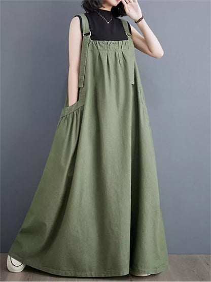 Vintage Plus Size Casual Cotton Linen Overall  Maxi Dress