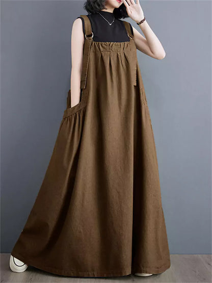 Vintage Plus Size Casual Cotton Linen Overall  Maxi Dress