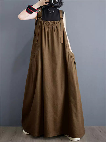 Vintage Plus Size Casual Cotton Linen Overall  Maxi Dress