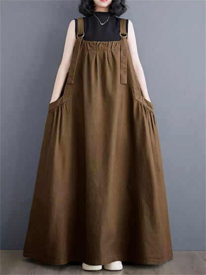Vintage Plus Size Casual Cotton Linen Overall  Maxi Dress