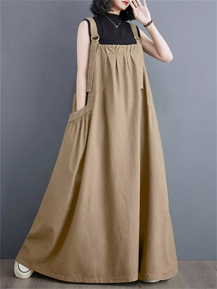 Vintage Plus Size Casual Cotton Linen Overall  Maxi Dress
