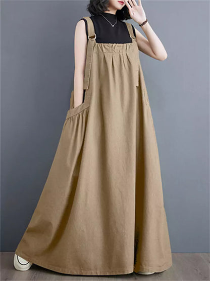Vintage Plus Size Casual Cotton Linen Overall  Maxi Dress