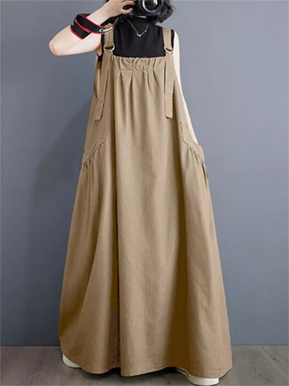 Vintage Plus Size Casual Cotton Linen Overall  Maxi Dress