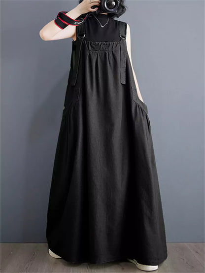 Vintage Plus Size Casual Cotton Linen Overall  Maxi Dress