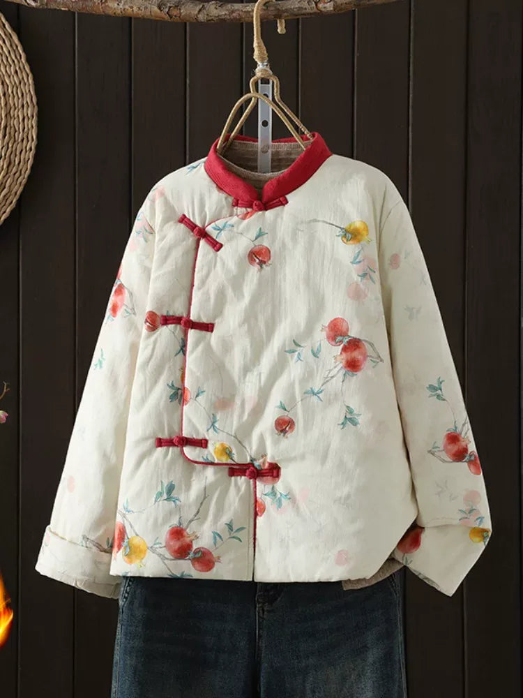 Vintage Pomegranate Print Mandarin Collar Padded Jacket