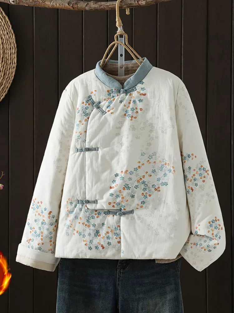 Vintage Pomegranate Print Mandarin Collar Padded Jacket