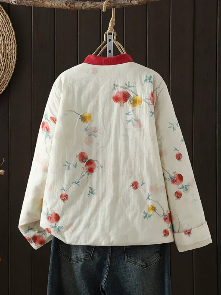 Vintage Pomegranate Print Mandarin Collar Padded Jacket