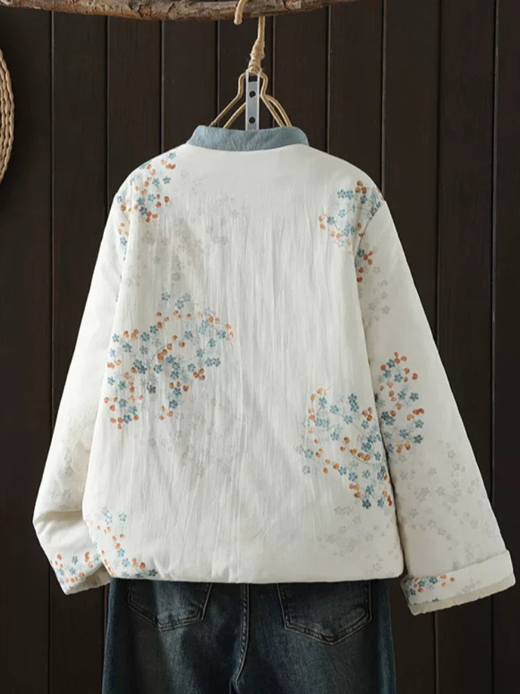 Vintage Pomegranate Print Mandarin Collar Padded Jacket