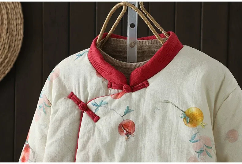 Vintage Pomegranate Print Mandarin Collar Padded Jacket