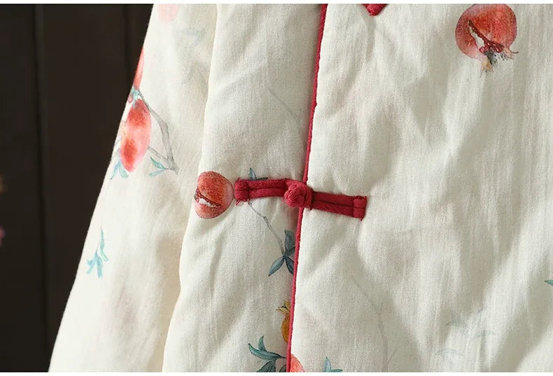 Vintage Pomegranate Print Mandarin Collar Padded Jacket