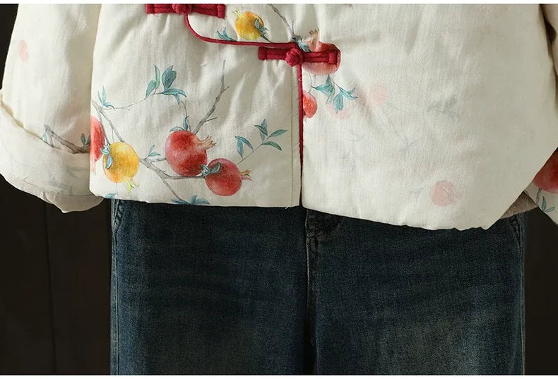 Vintage Pomegranate Print Mandarin Collar Padded Jacket