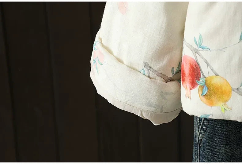 Vintage Pomegranate Print Mandarin Collar Padded Jacket