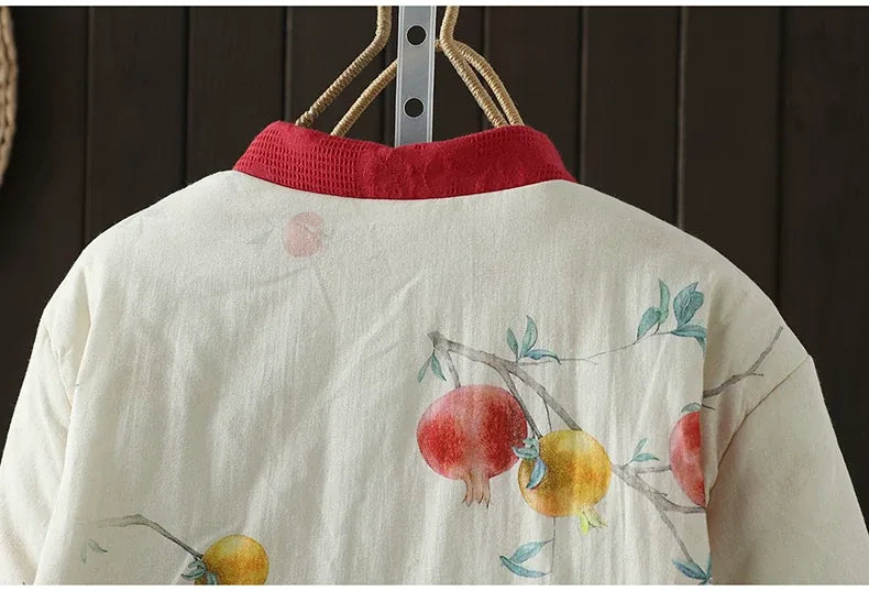 Vintage Pomegranate Print Mandarin Collar Padded Jacket