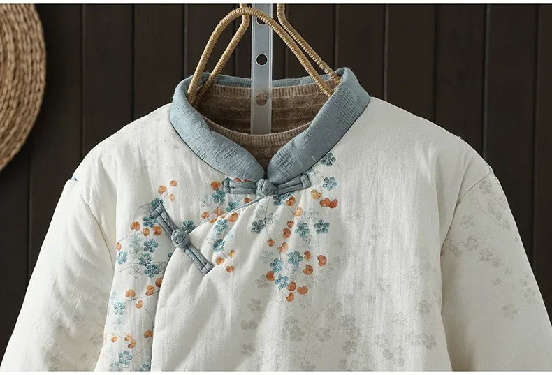 Vintage Pomegranate Print Mandarin Collar Padded Jacket