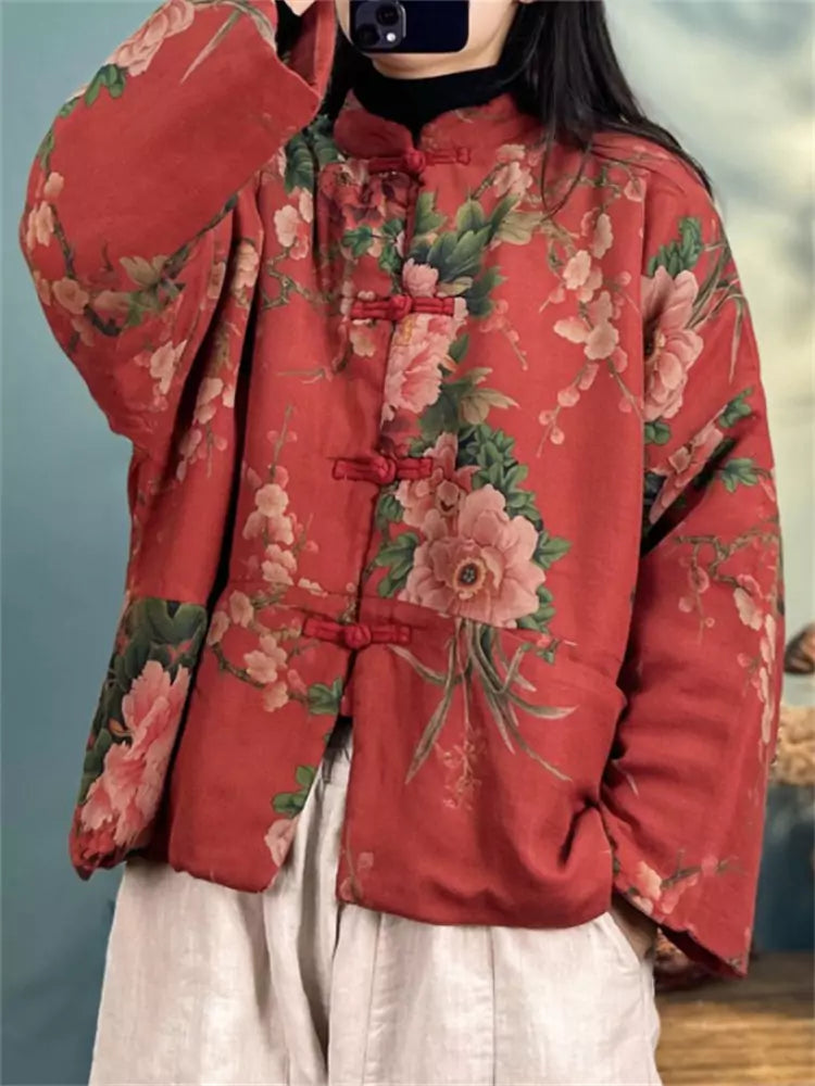 Vintage Red Linen Cotton Padded Coat with Floral Print and Frog Buttons