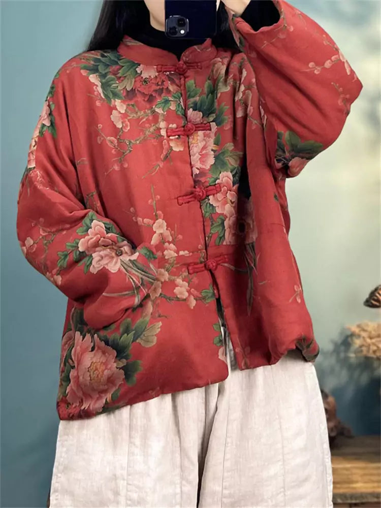 Vintage Red Linen Cotton Padded Coat with Floral Print and Frog Buttons