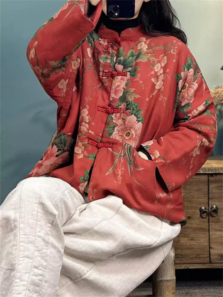 Vintage Red Linen Cotton Padded Coat with Floral Print and Frog Buttons