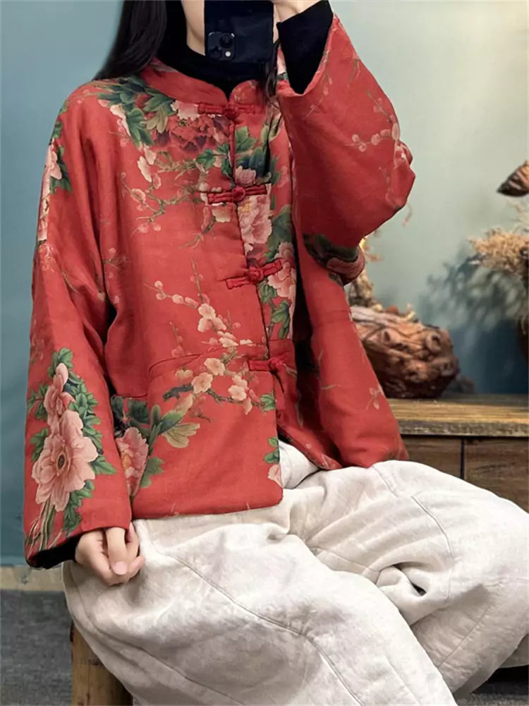 Vintage Red Linen Cotton Padded Coat with Floral Print and Frog Buttons