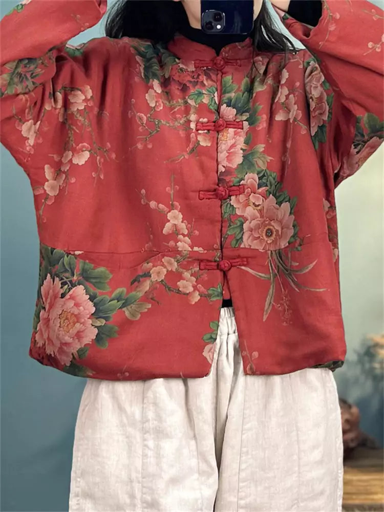 Vintage Red Linen Cotton Padded Coat with Floral Print and Frog Buttons