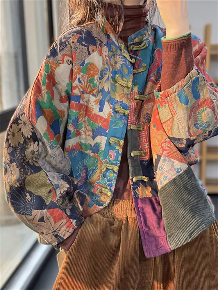 Vintage Red Pocket Printed Coat with Frog Buttons