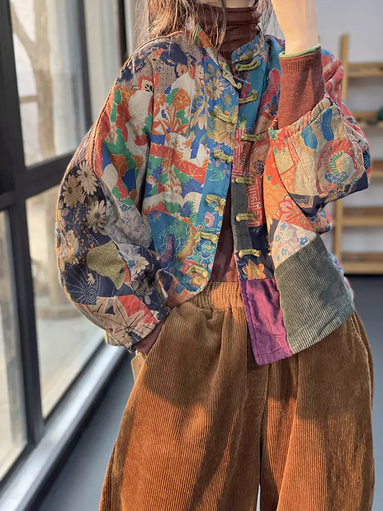 Vintage Red Pocket Printed Coat with Frog Buttons