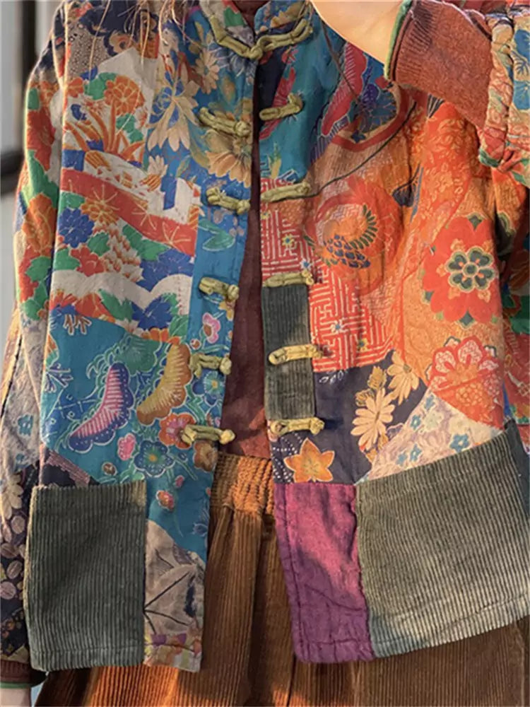 Vintage Red Pocket Printed Coat with Frog Buttons