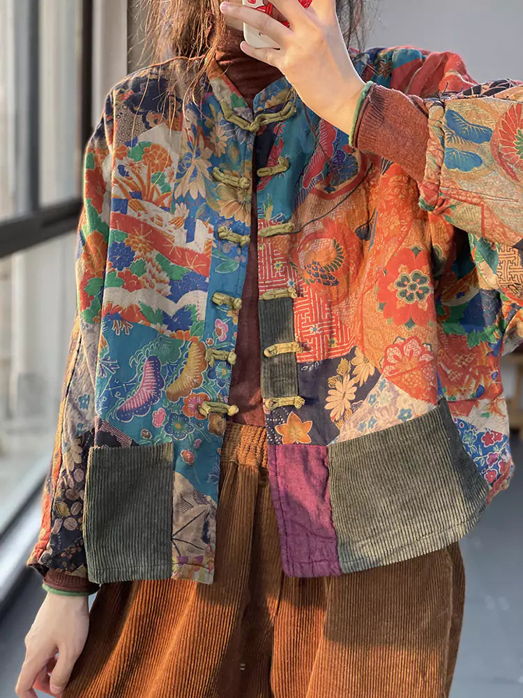 Vintage Red Pocket Printed Coat with Frog Buttons