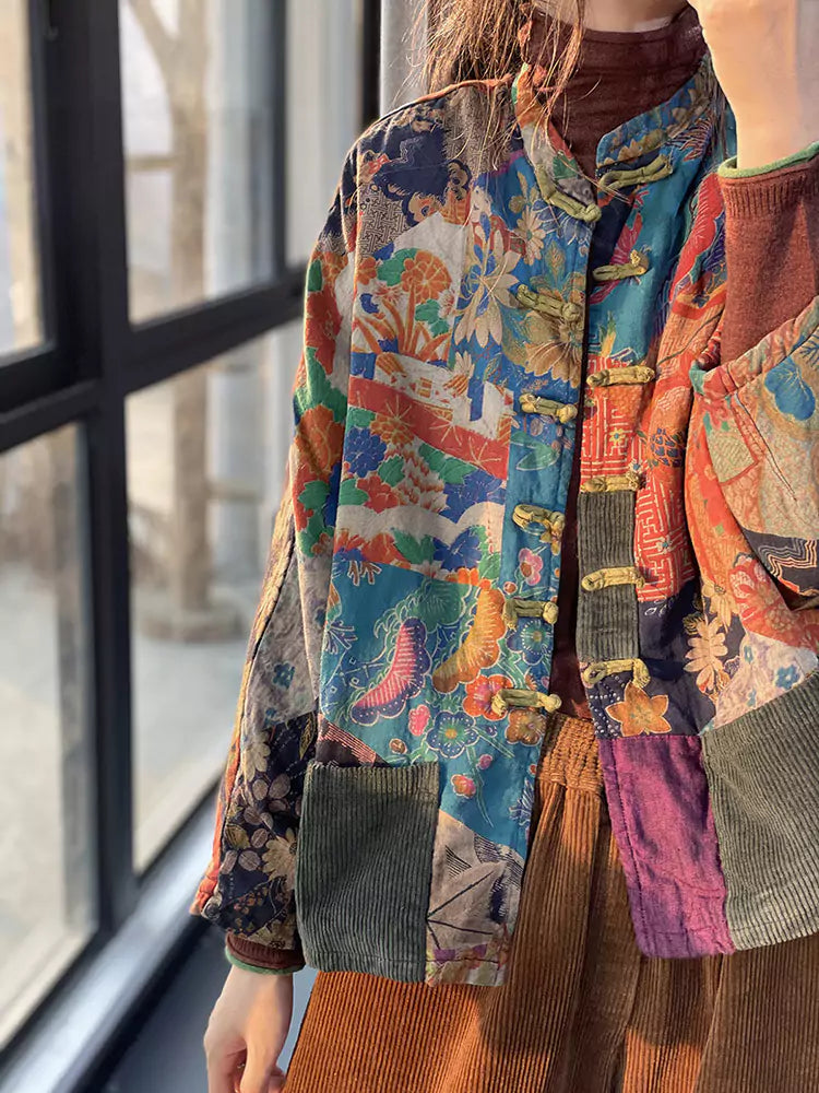Vintage Red Pocket Printed Coat with Frog Buttons