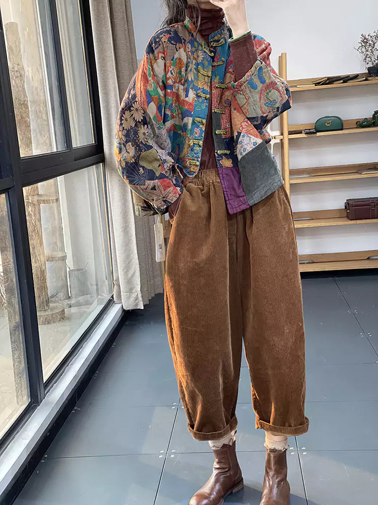 Vintage Red Pocket Printed Coat with Frog Buttons