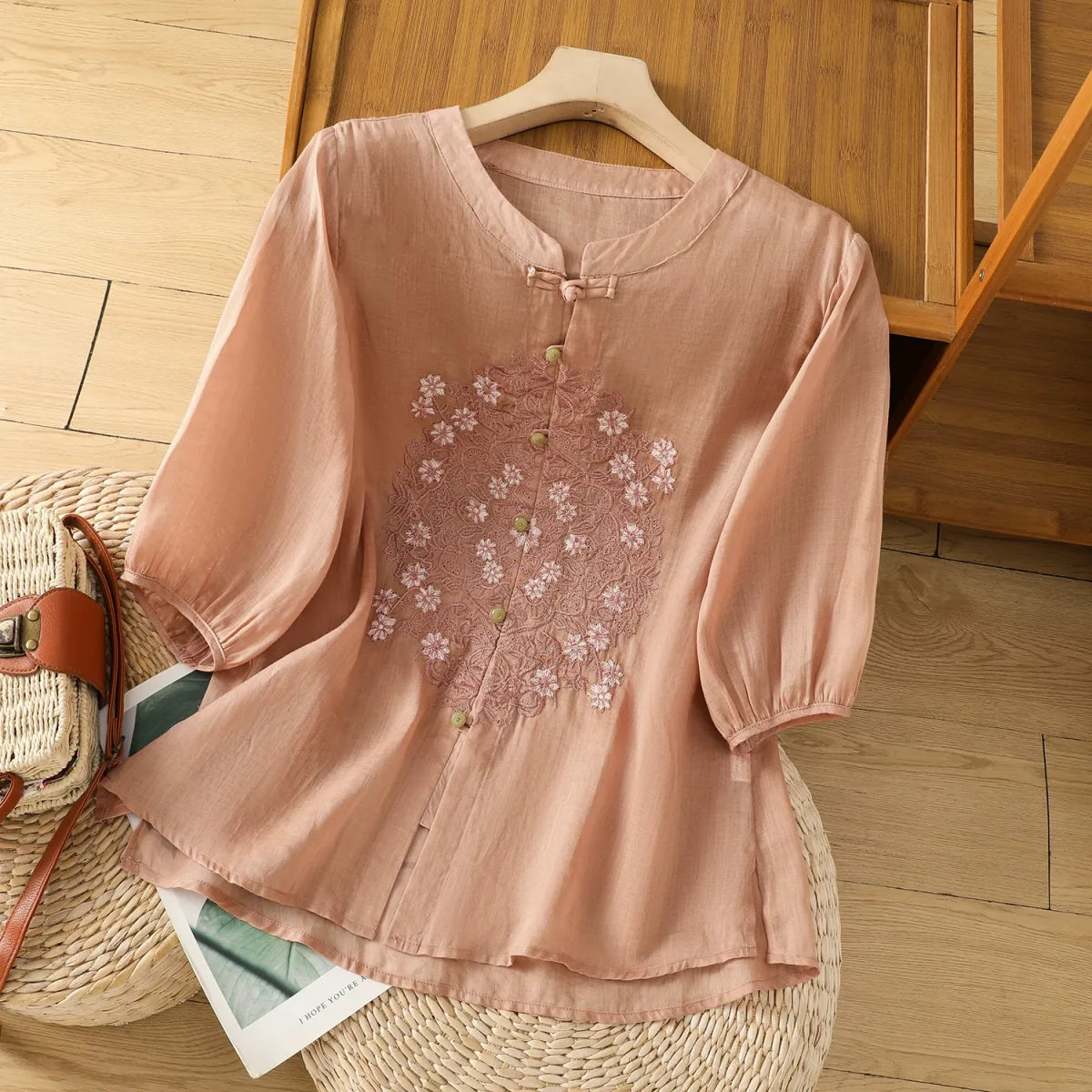 Vintage Relaxed Blouse with Floral Lace Embroidery - color option view
