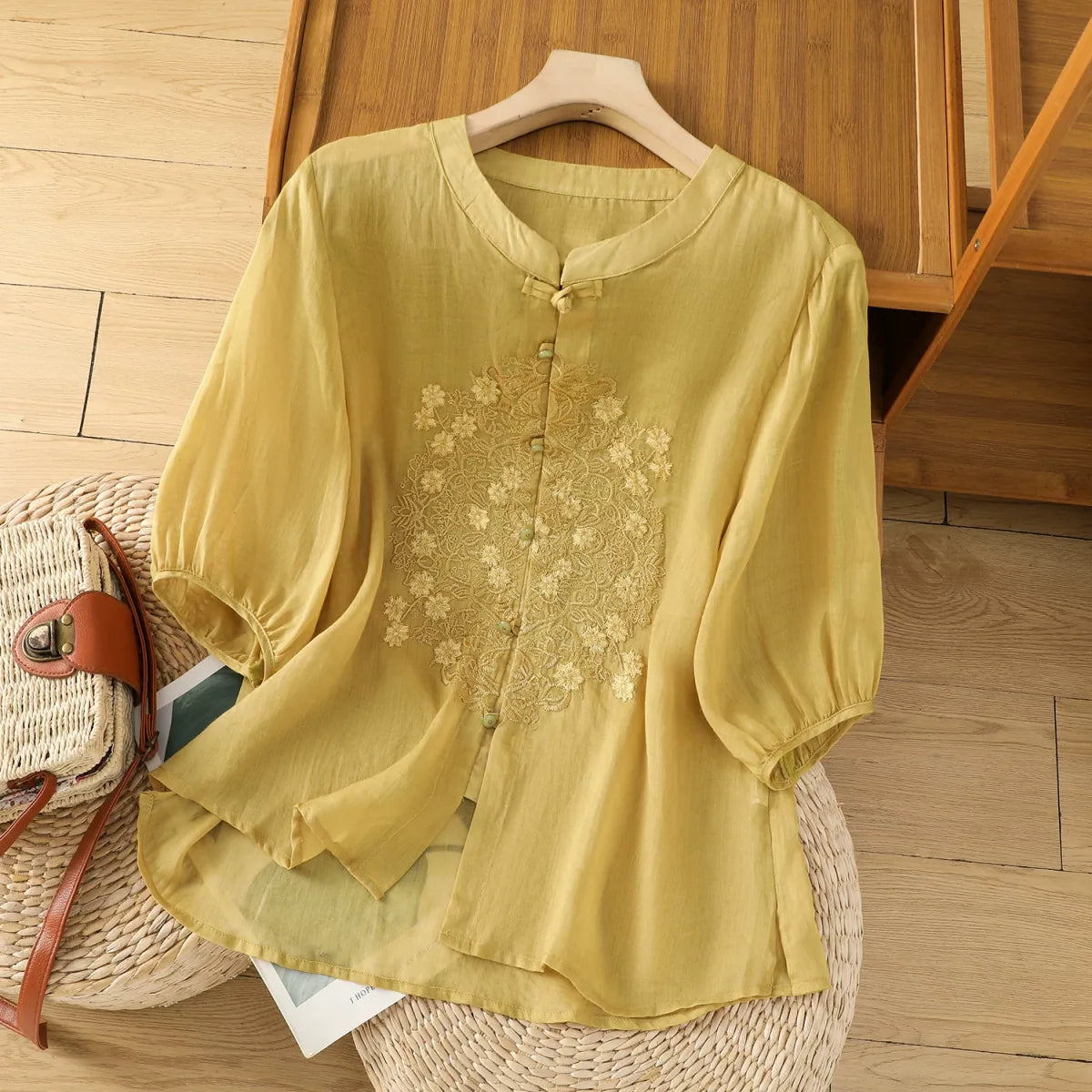 Vintage Relaxed Blouse with Floral Lace Embroidery - color option view
