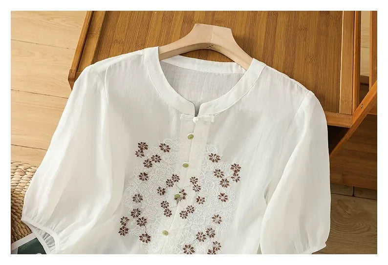 Vintage Relaxed Blouse with Floral Lace Embroidery - detail view