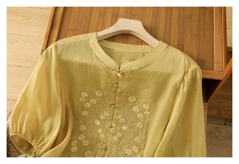 Vintage Relaxed Blouse with Floral Lace Embroidery - detail view
