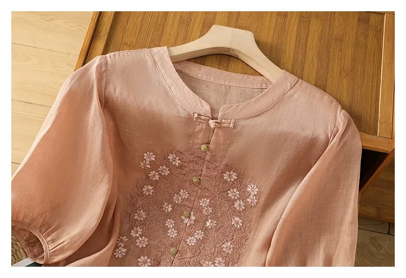 Vintage Relaxed Blouse with Floral Lace Embroidery - detail view
