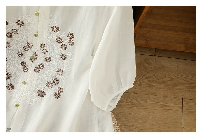 Vintage Relaxed Blouse with Floral Lace Embroidery - detail view