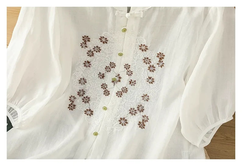 Vintage Relaxed Blouse with Floral Lace Embroidery - detail view