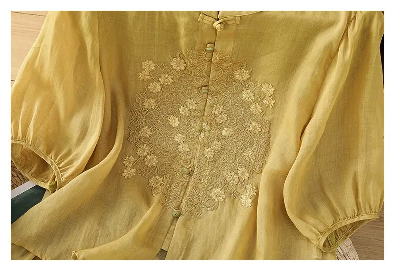 Vintage Relaxed Blouse with Floral Lace Embroidery - detail view