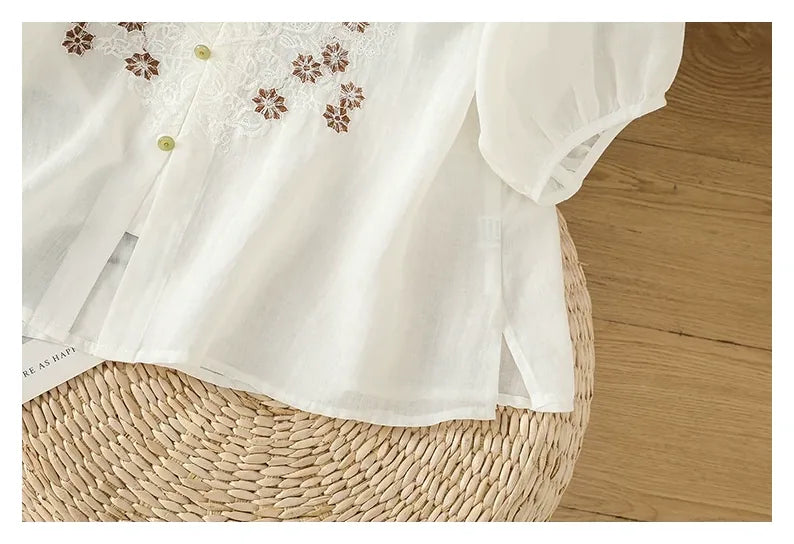 Vintage Relaxed Blouse with Floral Lace Embroidery - detail view